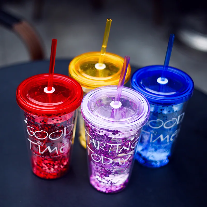 30pcs/lot 450ml Creative Colorful Double Layer Plastic Cup With Lid Summer Gold Powder Juice Water Straw 15.5*6.5cm | Дом и сад
