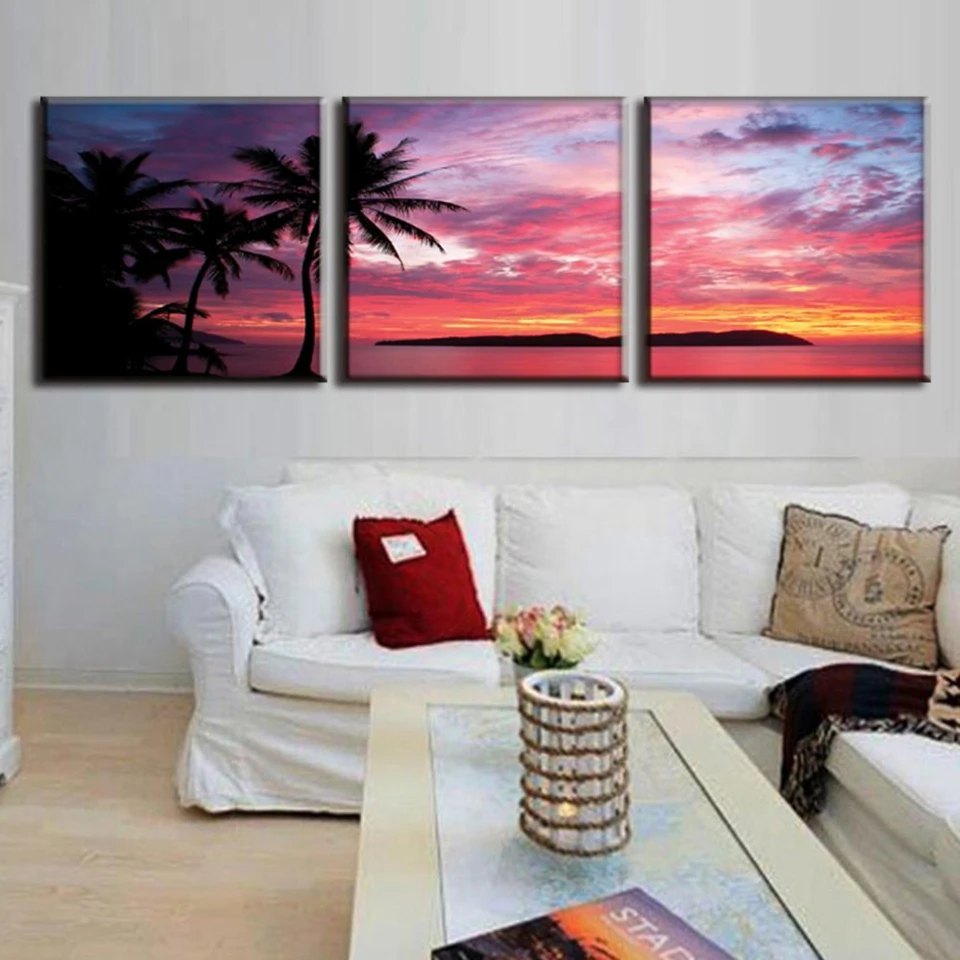 Framed-3-Pcs-set-Modern-Red-Sunset-of-Seascape-Painting-Prints-On-Canvas-Landscape-Palm-Tree