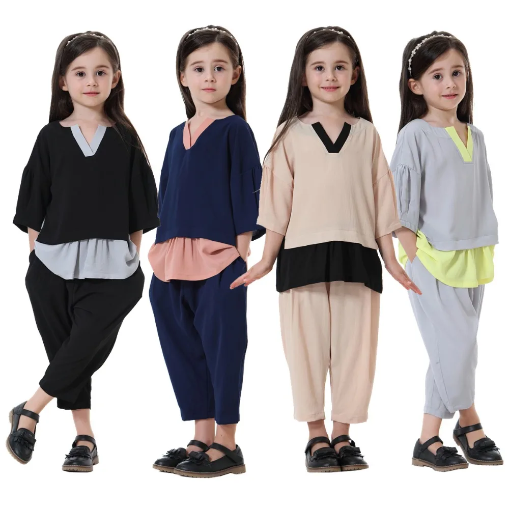 

Muslim Children Clothing Harem Pants 2pcs Sets Kids Girl Sets Robe Gowns Kimono Jubah Ramadan Middle East Arab Islamic Clothing