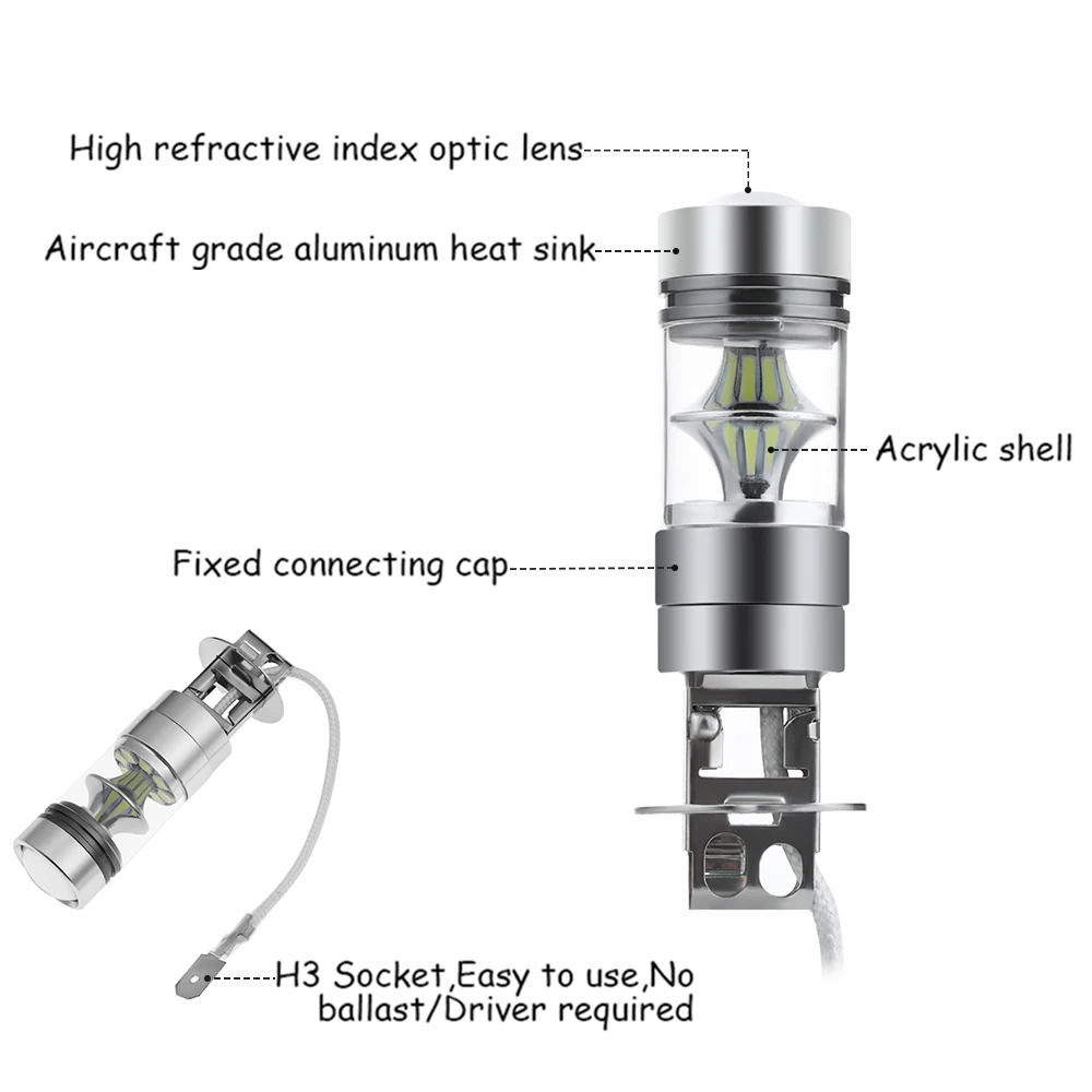 2 шт. авто лампы высокой мощности противотуманные Автомобильные фары H3 6000K 100W Светодиодный 20-SMD