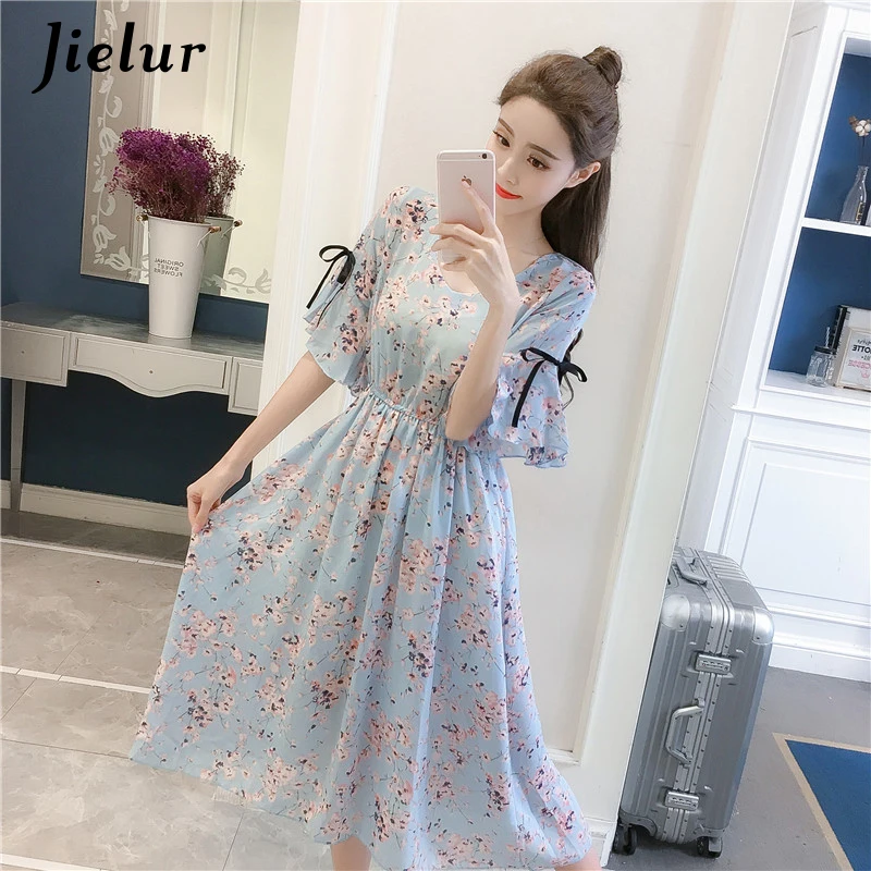 

Jielur V-neck Chiffon Floral print Summer Women Dresses Korean Sweet Slim Bow Ruffles Dress Vintage Harajuku Vacation Vestidos