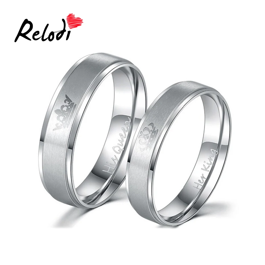 Relodi Charm Double Rings Her King and His Queen Stainless Steel Wedding Rings for Women & Men Fashion Couples Jewelry SP0168