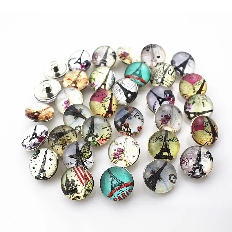 

New arrive 10pcs/lot mix Eiffel Tower snap button 18mm glass fit DIY snap jewelry necklace bracelet