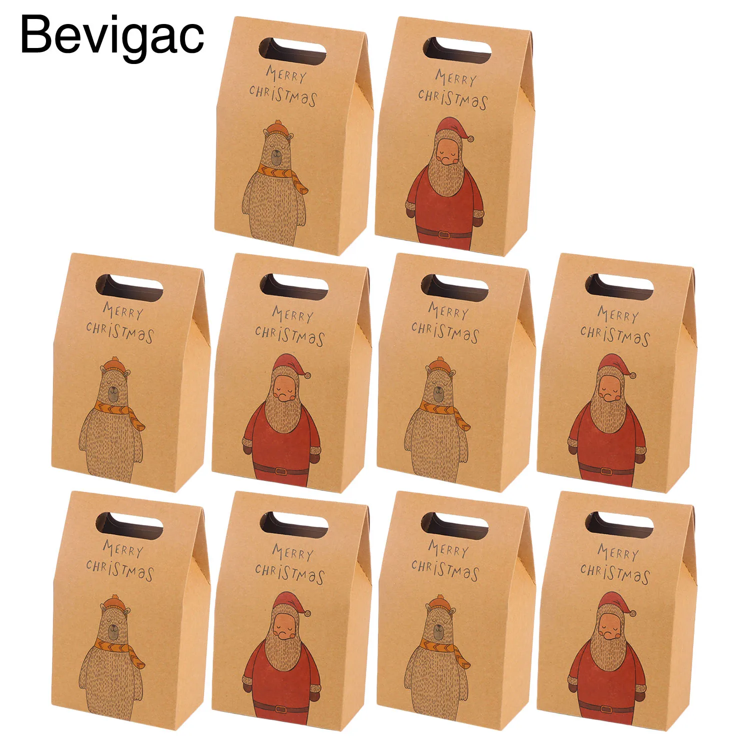 

Bevigac 10 pcs Craft Merry Christmas Kraft Box Xmas Party Favor Cookie Cake Candy Snack Gift Paper Packaging Bag Pouch Navidad