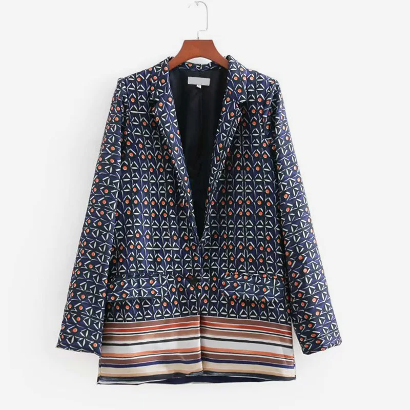 

Geometric Print Notched Women's Blazers Long Sleeve Pocket Single Button Womens Blazer 2018 Autumn Vintage Casual Tops Female