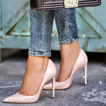 

2019 New Spring Women's Nude High Heels Pumps Sexy Red Office Ladies Dress Shoes Women Pointy Toe Patent Leather Commuting Pumps