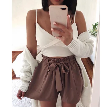 

Hot Summer Women Shorts High Waist Solid Color Tie Belt Pockets Ladies Girls Casual Shorts MSK66