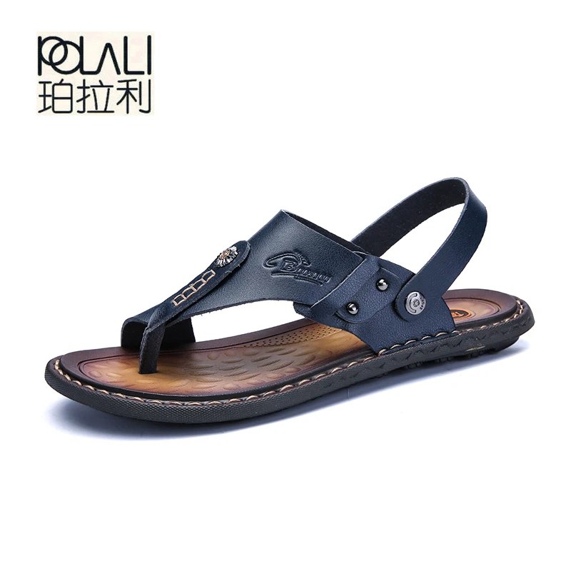 

POLALI 2019 Summer Sandals Men Outdoor Breathable Slippers Leather Men Beach Casual Sandalias Men Slip On Shoes Flip-Flops