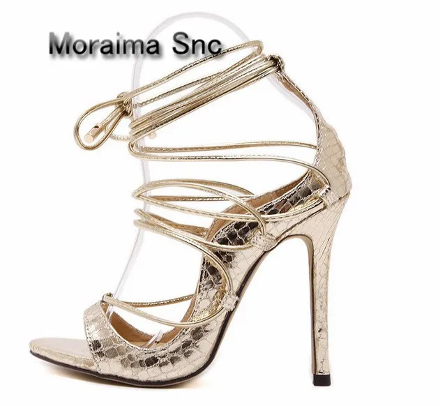 

Moraima Snc 2018 wedding shoes lace up high heels sandals women sliver gold sandals T-tied animal prints ladies shoes summer