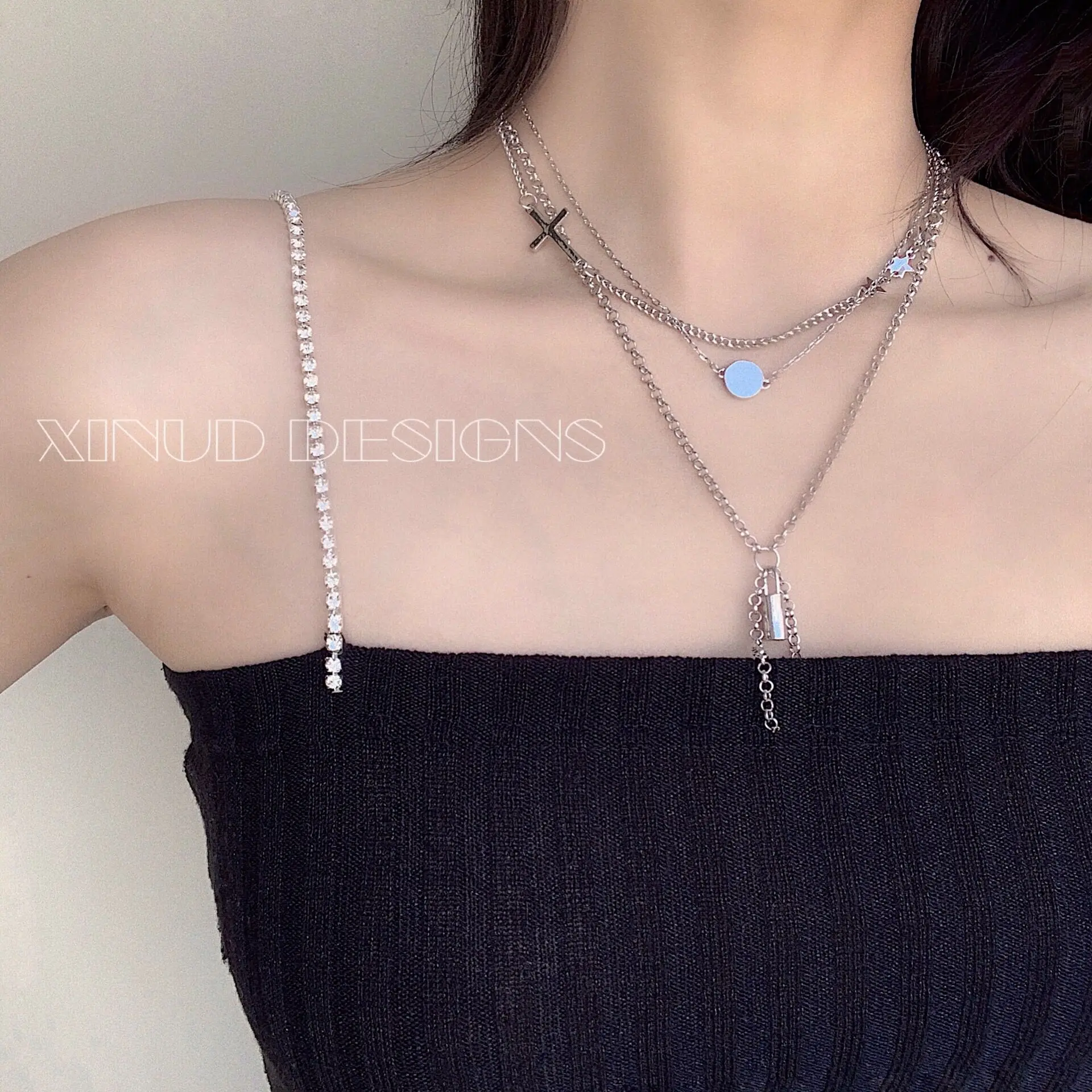 

HUANZHI Vintage Cross Coin Lock Choker Pendant Silver Color Metal Multi-layer Punk Long Chain Necklaces For Women Party Jewelry
