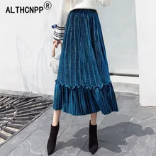 Faldas mujer moda бархатная плиссированная юбка винтажная модная прошитая плиссированная юбка Женская эластичная длинная юбка миди с высокой талией