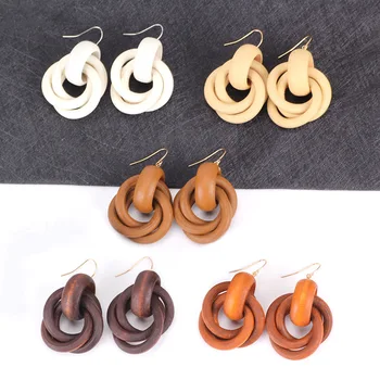 8SEASONS Fashion Jewelry Ear Hook Earring For Women Wood Round Bohemia Geometric White Brown Orange Color, 1 Pair