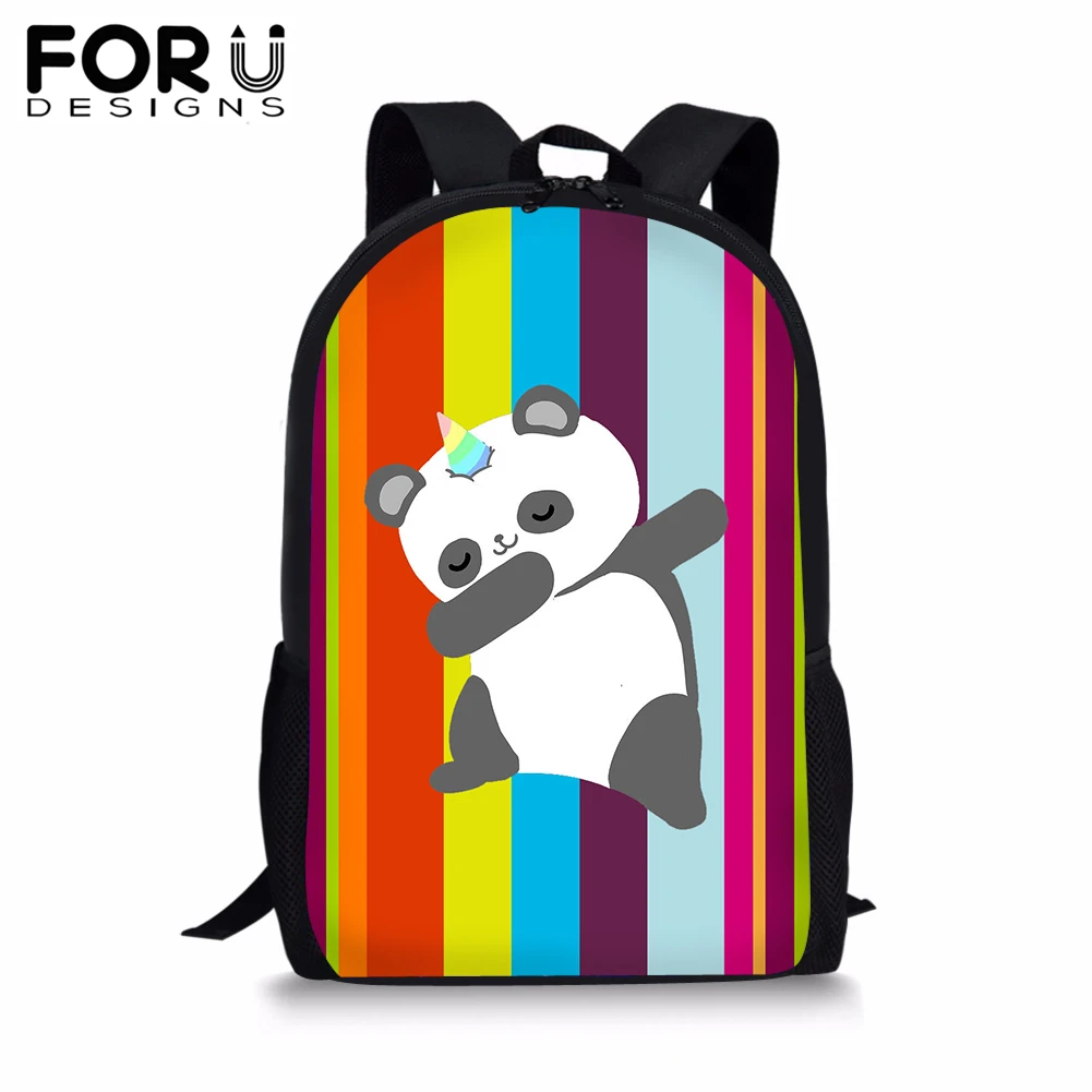 

FORUDESIGNS Colorfull Stripe BookBag Cute Panda Unicorn School Backpack Teenager Girls Boys Student 16 inch Satchel Daypack 2019