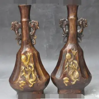 

Free shipping S00500 Marked china bronze gilt dragon beast lucky statue Zun Cup Bottle Pot Vase Jar