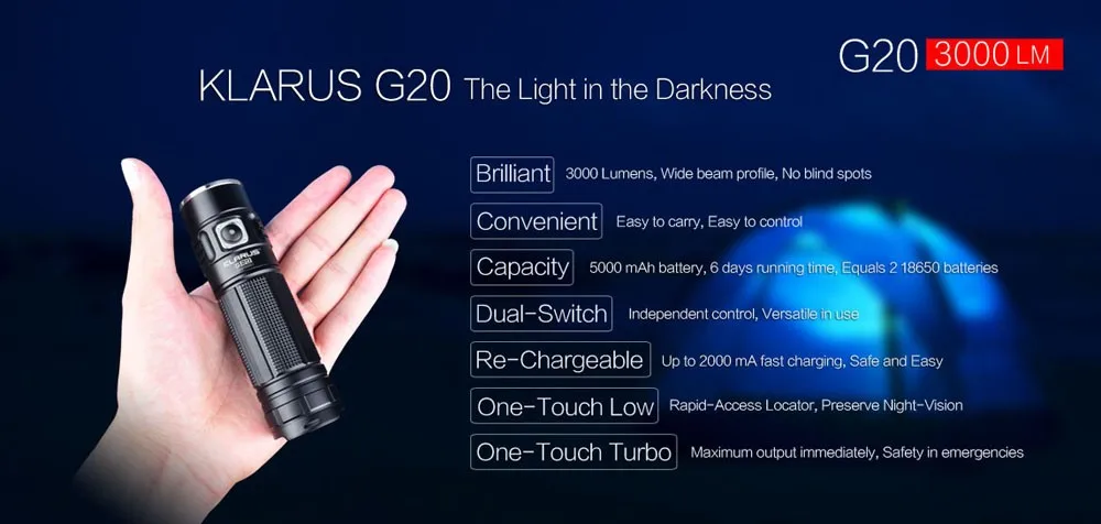 KLARUS G20 USB Перезаряжаемый светодиодный светильник фонарь с 26650 батареей 3000 люменов CREE XHP70 N4 светодиодный светильник с двойным переключателем