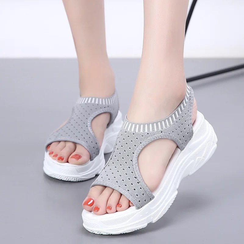 JINBEILEE Fashion wild elastic band sports sandals women's thick bottom fish mouth mesh increased single shoes