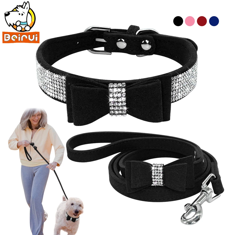 Buy Suede Crystal Dog Pet Collar and Leads Set