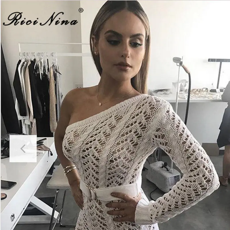 RICININA 2019 امرأة اللباس السيدات واحد الكتف الجوف خارج Bodycon الكاحل طول محبوك سبليت فساتين النساء مثير حزب شاطئ اللباس