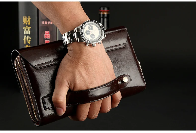 Hot Sale! Luxury Shining Oil Wax Cowhide leather Men Clutch Bag Long Leather men wallet Double Layer Business Clutch Bag 2