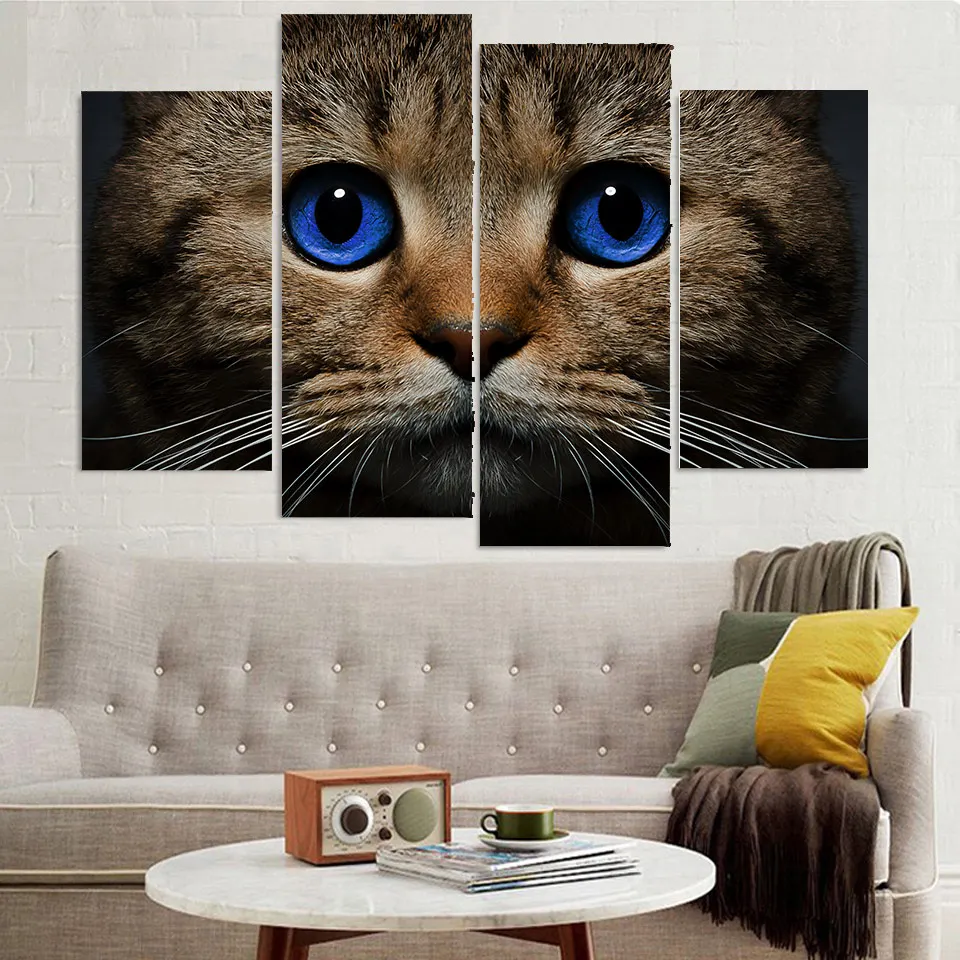 4 Panel Canvas Art Canvas Painting Cat Stare Blue Eyes HD Printed Wall ...