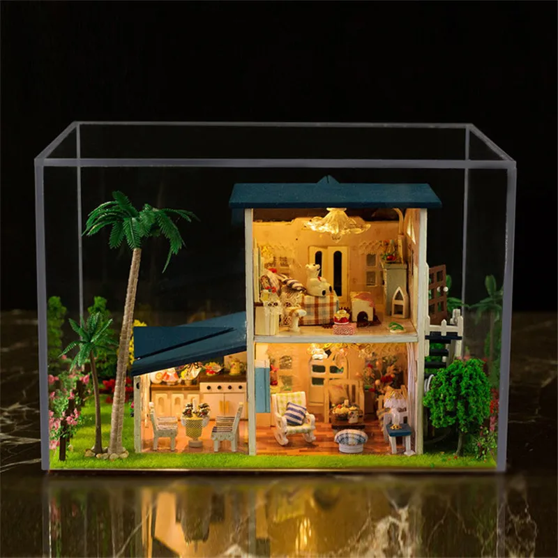 iiE CREATE 2018 New DIY 3D Toys Wooden Miniature With LED+Furniture+Cover Doll house room Toys for children Lover Gift (1)