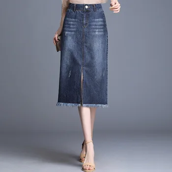 

Casual Ripped Midi Jean Skirt Women Fringed Hem Side Split Skirts High Waist Denim Skirts women bottoms 2019 new