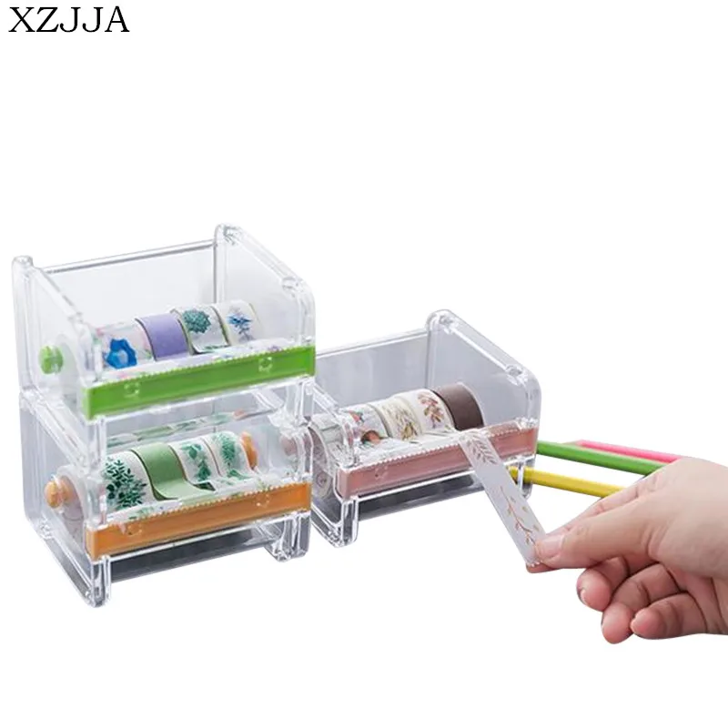 

XZJJA High Quality 3 Color Creative Plastic Desktop Tape Dispenser Tape Cutter Paper Tape Storage Box Holder Organizer Case