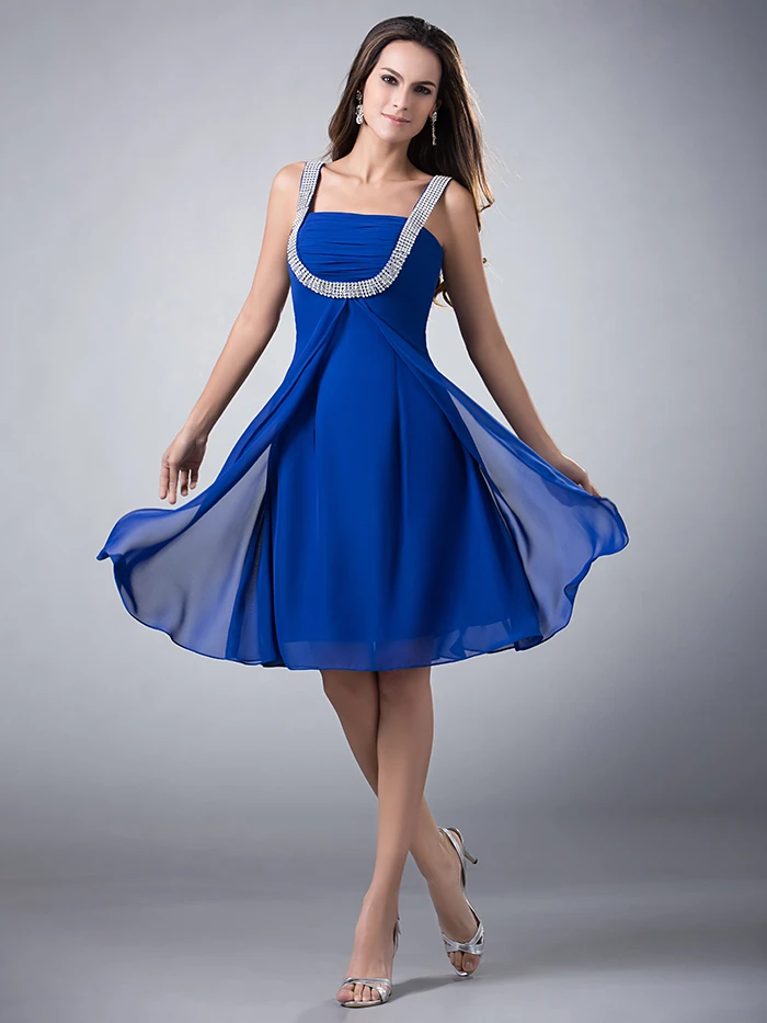 Vestidos de graduación de gasa para chicas de 8 ° grado corto azul real verano tirantes, vestidos de graduación de escuela secundaria a la altura de la rodilla|graduation dress|school