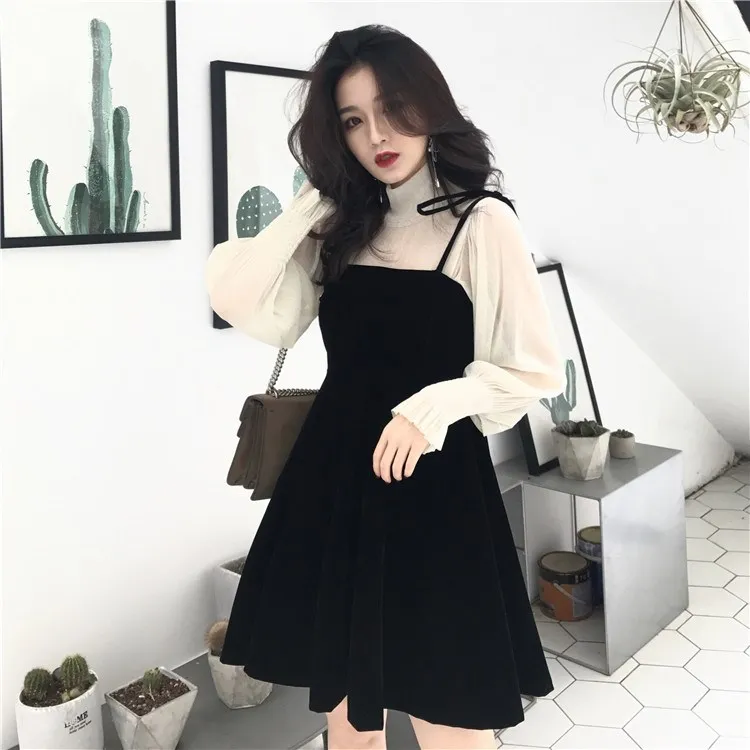 

Autumn Women Mesh Lantern Long Sleeves Tops And Little Black Dress Set Elegant Party Spaghetti Strap Mini Dress 2 Pieces Suit