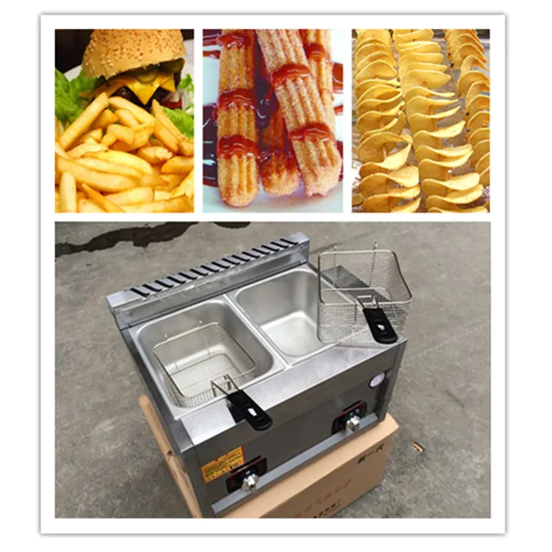 New design stainless steel gas deep fryer,double tank buckets gas fryer,french fries machine for commercial use   ZF