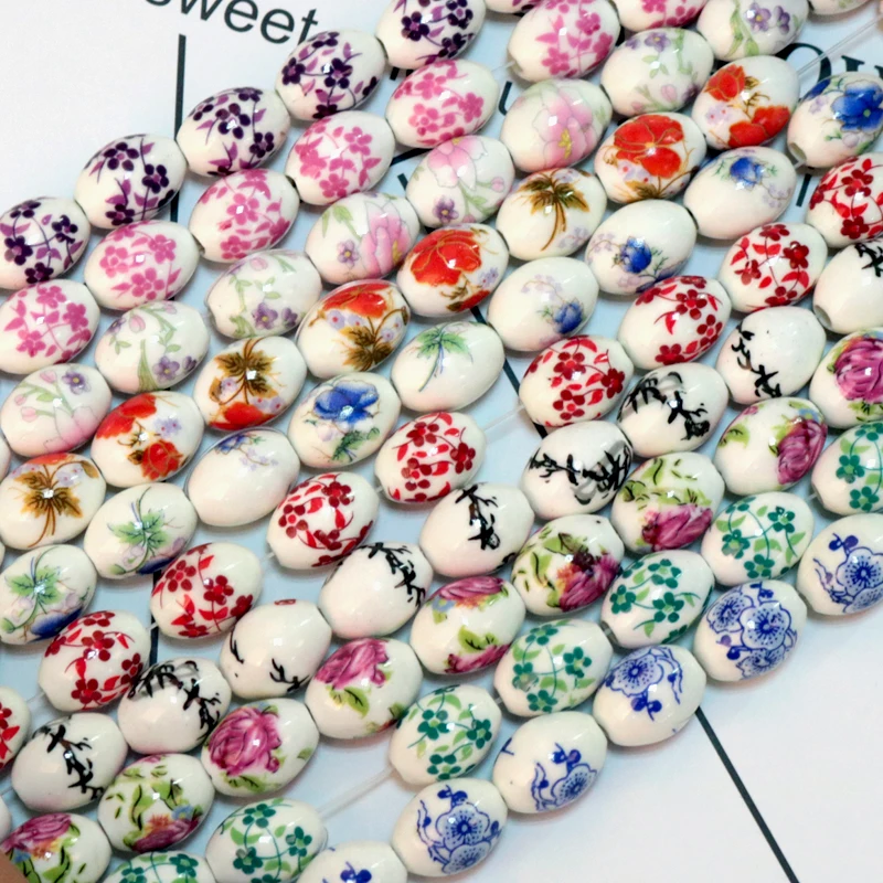 

Hot 10pcs/lot 11x15mm Oval Shape Ceramic Beads Porcelain Straight Hole Flower Loose Spacer Beads Handmade DIY Jewelry Material