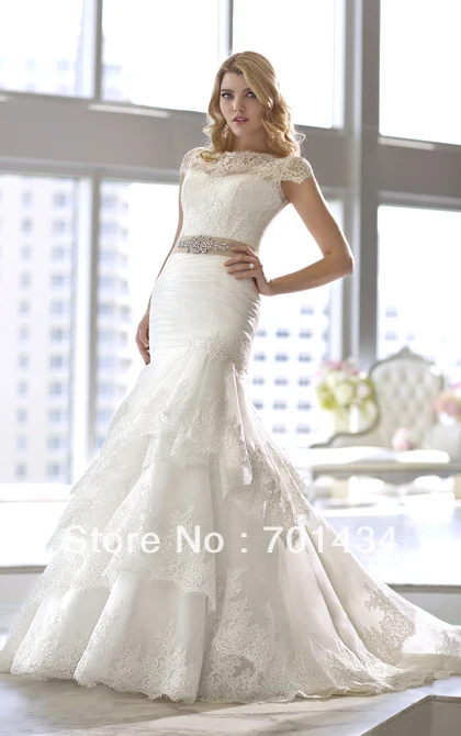 Vogue Detached Lace Cap Sleeve Mermaid Organza Bridal Gown Beaded Ruched Layered Sweep Train Wedding Dress131582 | Свадьбы и