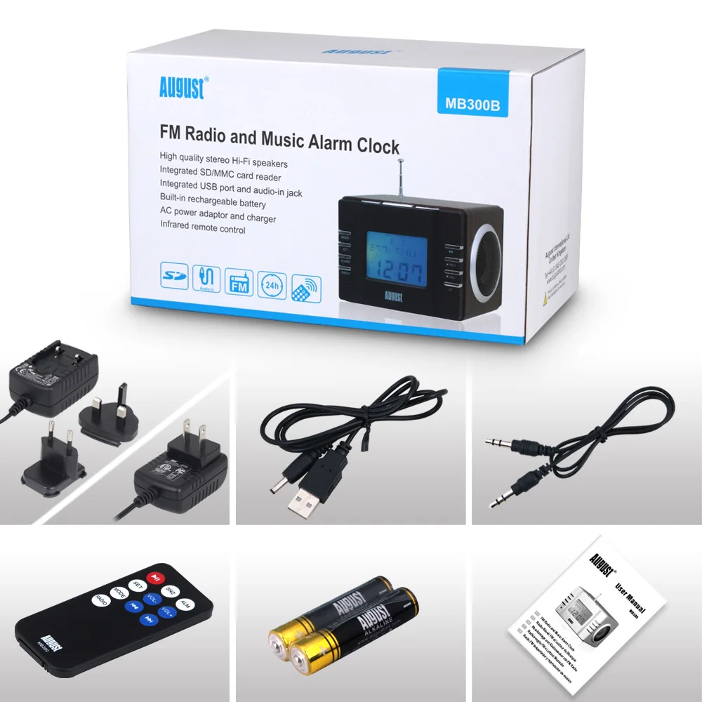 August MB300B деревянная мини стереосистема MP3 и FM радиочасы с SD картридером разъемами