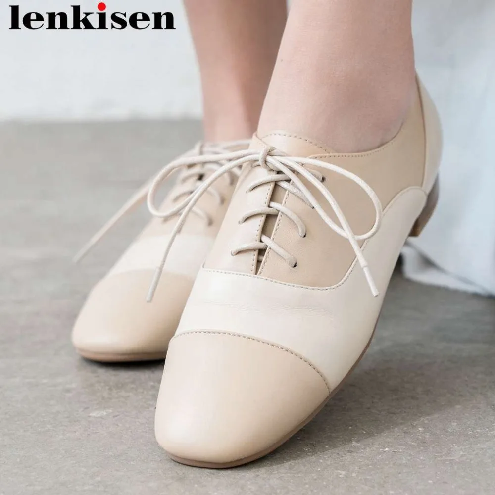 

Lenkisen concise British style lace up low heels mixed color pumps genuine leather square toe comfortable dating party shoes L73