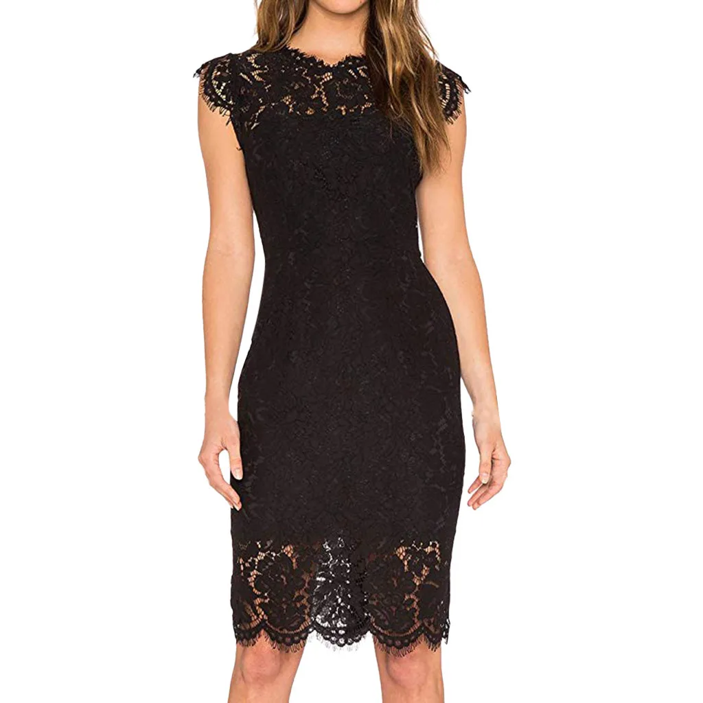 

Feitong Women's Sleeveless Lace Dress Sexy Ladies Floral Elegant Cocktail Mini Dress Crew Neck Knee Length vestidos verano 2019