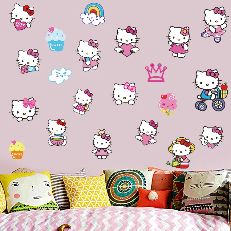 DIY هدية الكرتون مرحبا كيتي الاطفال فتاة غرفة جدار ملصق مائي المشارك جدارية طاقم غرفة نوم المنزل DIY ديكور D335