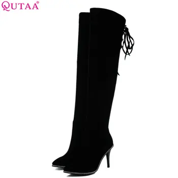 

QUTAA 2019 Women Boots Elegant Sexy Women Knee High Boots Thin High Heel Pointed Toe Winter Shoes Woman Boots Big Size 34-43