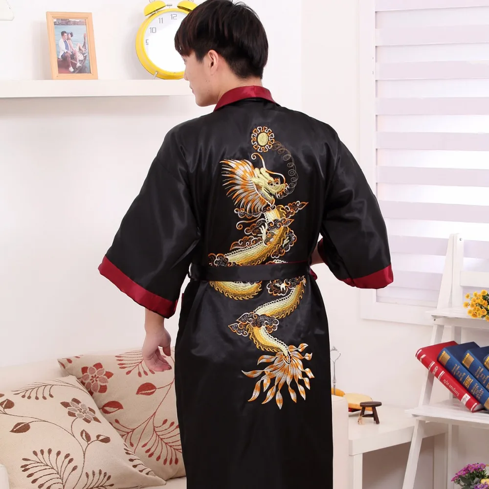 Two Side Dragon Men's Satin Kimono Robe Gown Black Red Reversible Bath Gown Casual Nightwear Sleepwear With Belt One Size