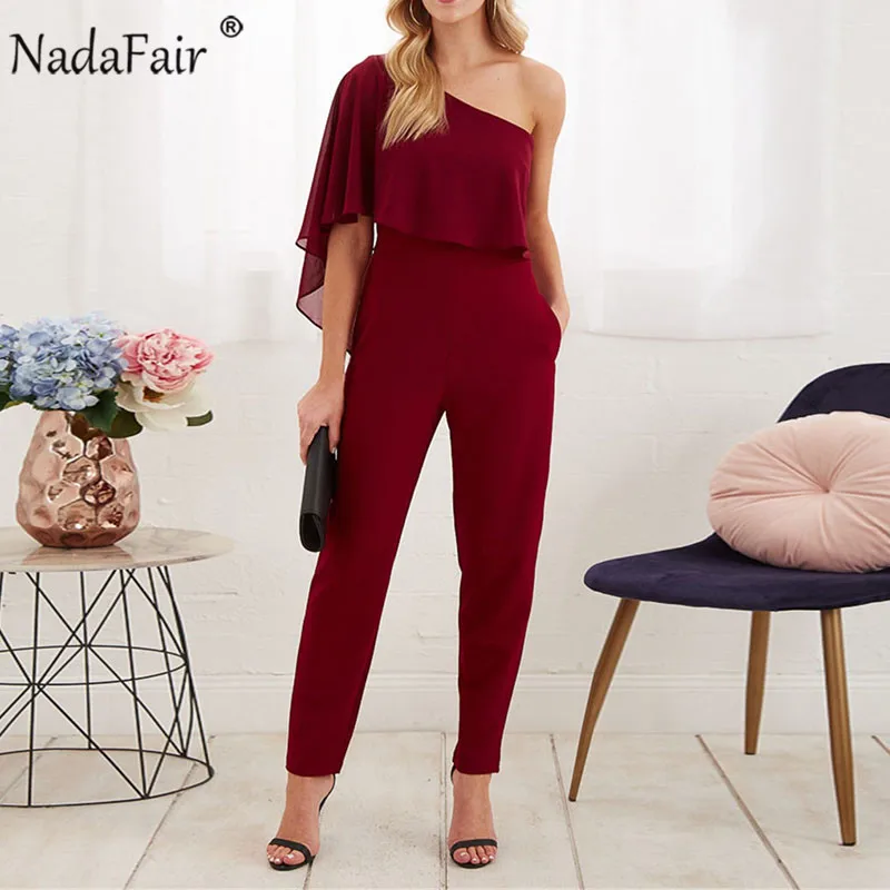 Nadafair пикантные женские Комбинезоны на одно плечо с карманами, шифоновые Повседневные летние комбинезоны, женские элегантные комбинезоны - Цвет: Бургундия