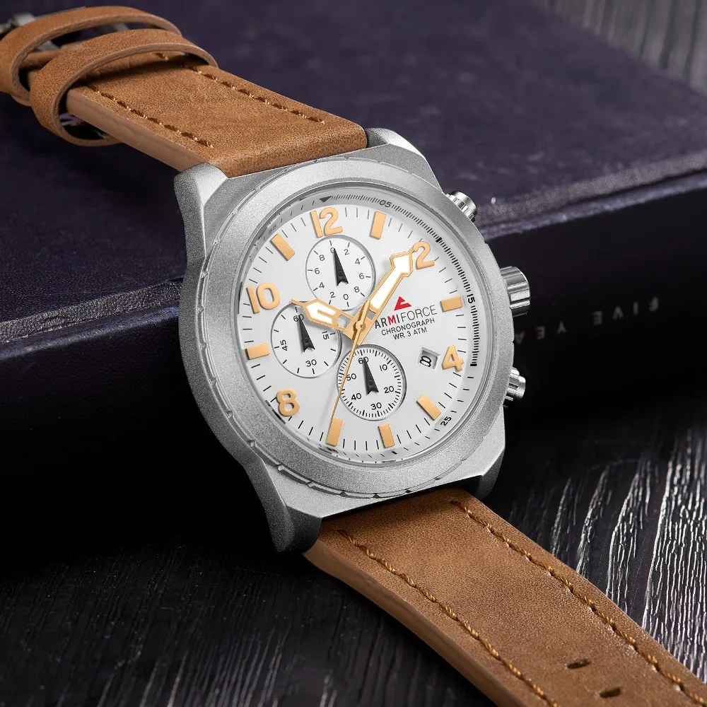 

ARMIFORCE Military Men's Quartz Watches Sport Chronograph Leather Watch Luminous Analog Auto Date Wristwatches Montres Homme