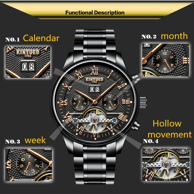 KINYUED 2019 Топ Мода Мужские автоматические Tourbillon механические часы
