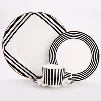 

Bone China Tableware Set Black And White Stripe Design Flat Steak Plate Coffee Cup And Dish Dessert Tray Golden Edge Drinkware