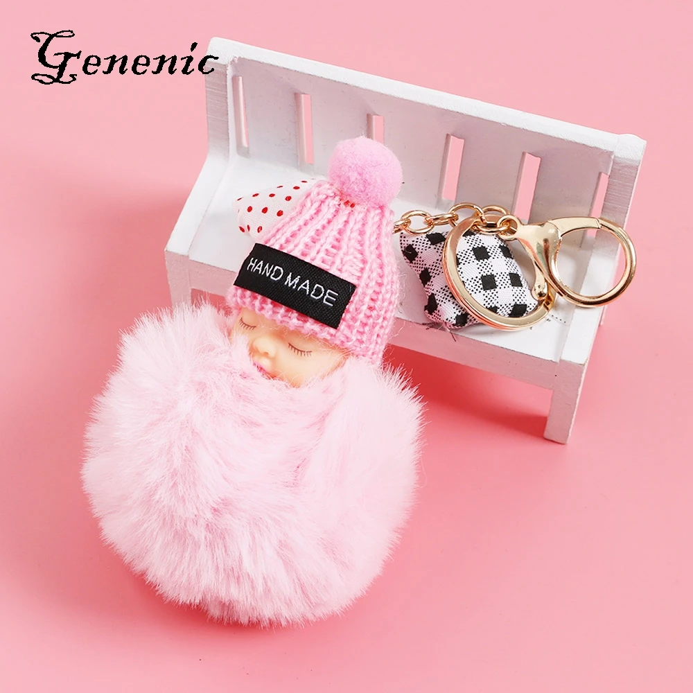 

1PC Cute Sleeping Baby Doll Keychain Pompom Rabbit Fur Ball Key Chain Car Keyring Women Key Holder Bag Pendant Charm Jewelery