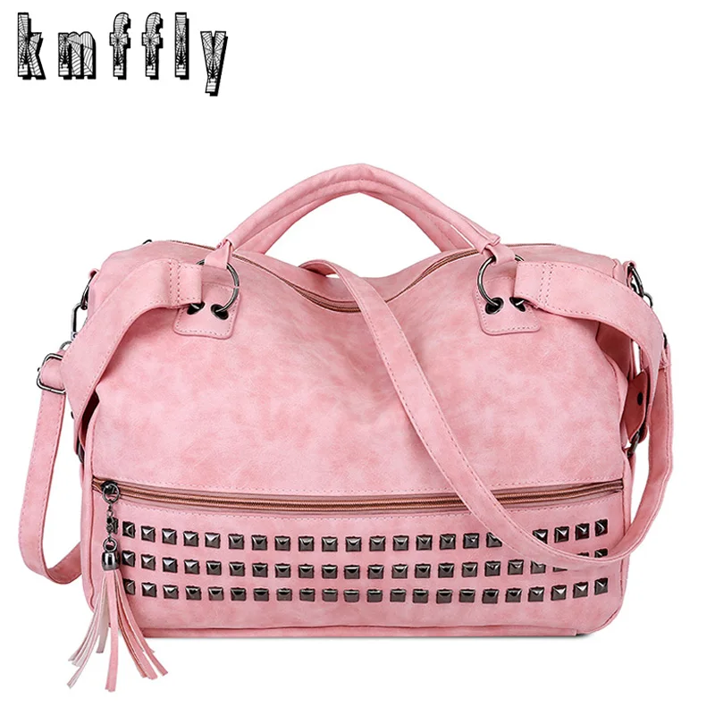 

2018 Vintage Nubuck Leather Female Top-handle Bags Rivet Larger Women Bags Shoulder Bag Luxury Motorcycle Messenger Bag SAC