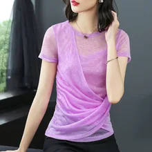 Американский Лето Женская мода тонкий O шеи короткий рукав Street пикантные прозрачные футболка Топы дамы личности Shrits