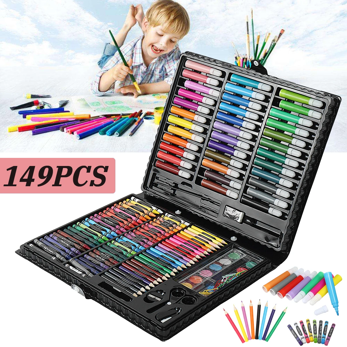 

149pcs/set Complete Paint Drawing Art Kit Wooden Box Set Storage Case 138 Piece Gift Pencil