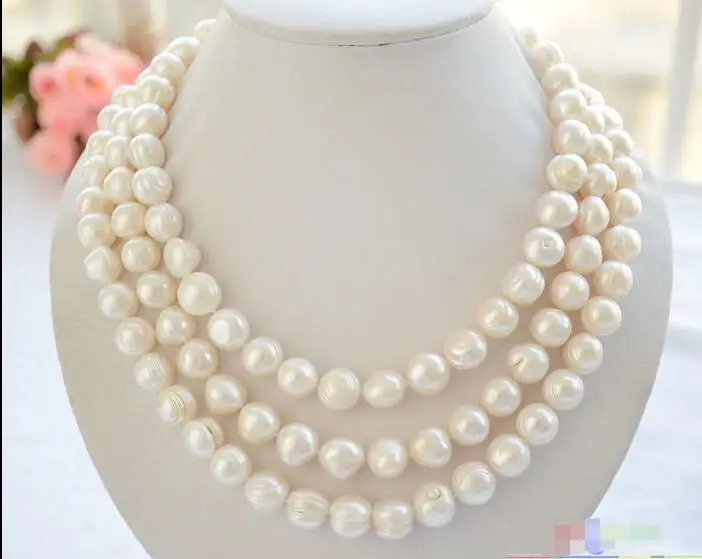

FREE SHIPPING HOT sell new Style >>>>3row 19" 12mm almost round white screw thread freshwater pearl necklace