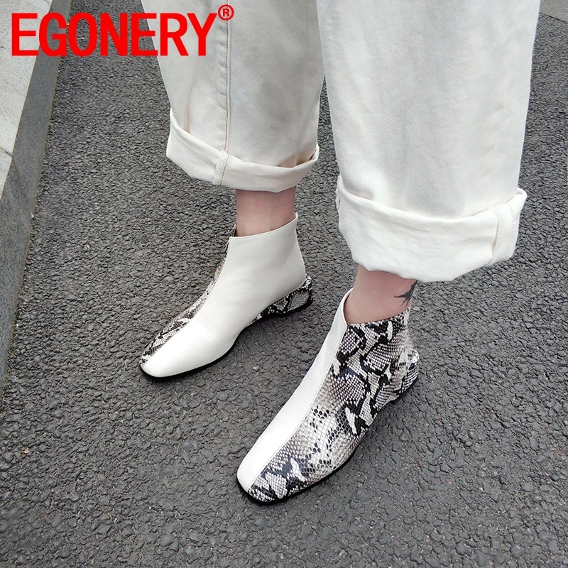 

EGONERY genuine cow leather boots woman Snakeskin pattern winter mixed color boots punk 3.5cm heels shoes cool girl Ankle boots