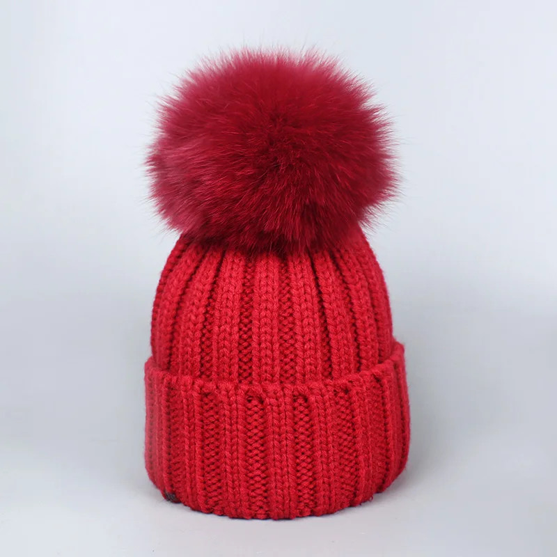 Теплая зимняя женская шапка с помпонами из натурального Лисьего меха, вязаная лыжные шапочки для девочек, толстая женская шапка - Цвет: Hat Red