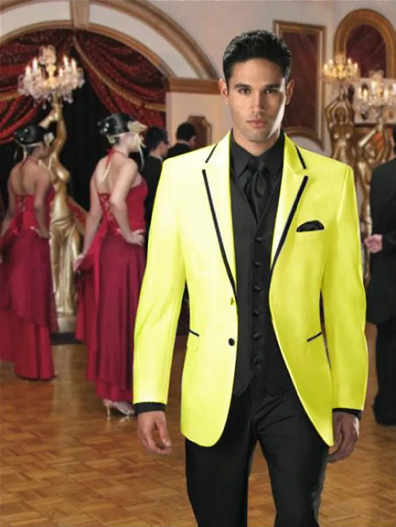 Yellow Blazer Black Pants Slim Fit Groom Tuxedos 3 Pieces Mens Wedding